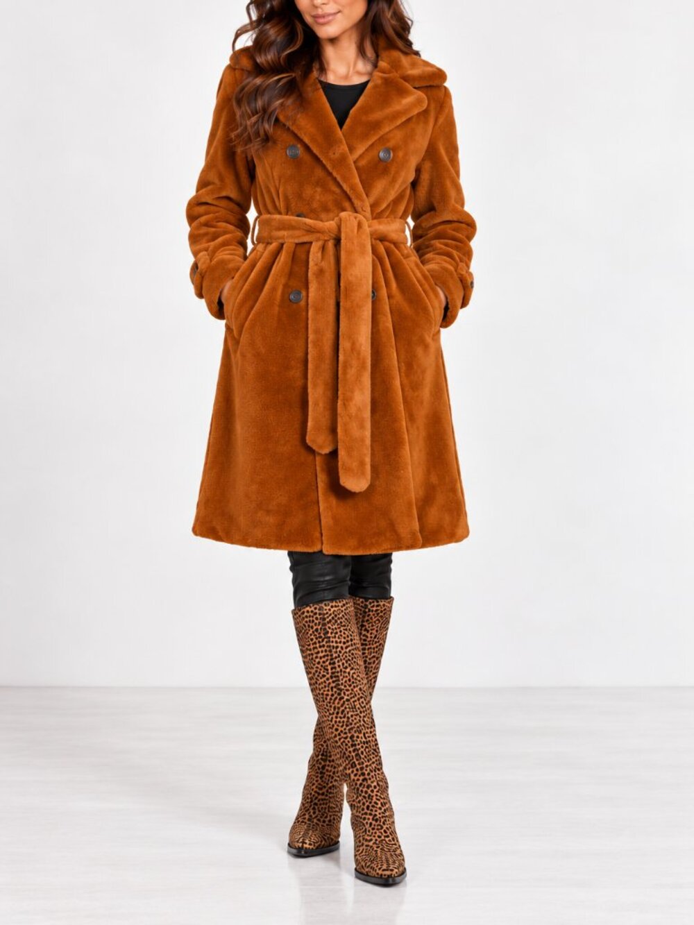 Apparis Coat Nicole Double-Breasted Faux-Fur Belted Coat Chestnut Brown SZ S NWT